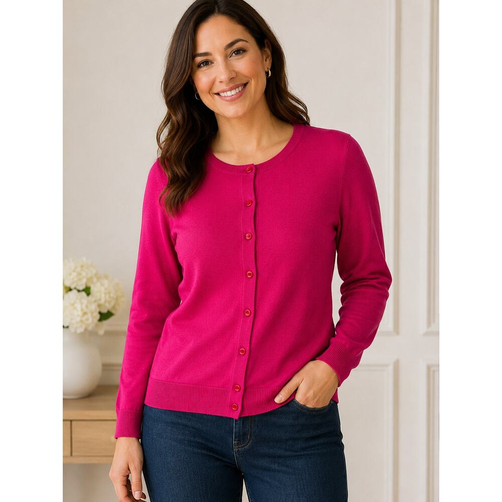 Talbots Woman 1X Raspberry Pink Pima Cotton Cardigan Button Front Plus Size
